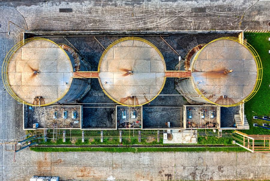 Aerial view of storage tanks and pipework at a petroleum depot